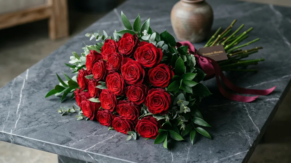 Hand-tied red roses on Jaipur sandstone